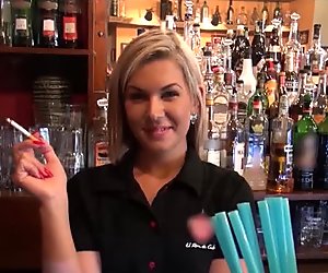 Gorgeous blond bartender talked into having sex at work